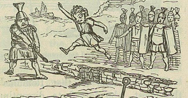 Remus hoppar förudmjukande över Romulus mur